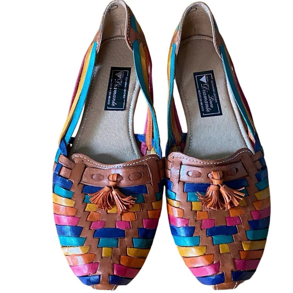 Women's Slip On Sandal, Leather, 6.5, Tan/Multi colors, Made in Mexico, Size 6.5